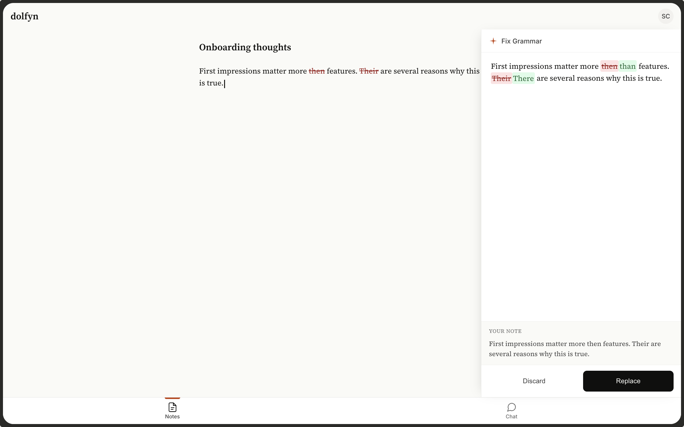 dolfyn inline AI panel — thinking partner in action