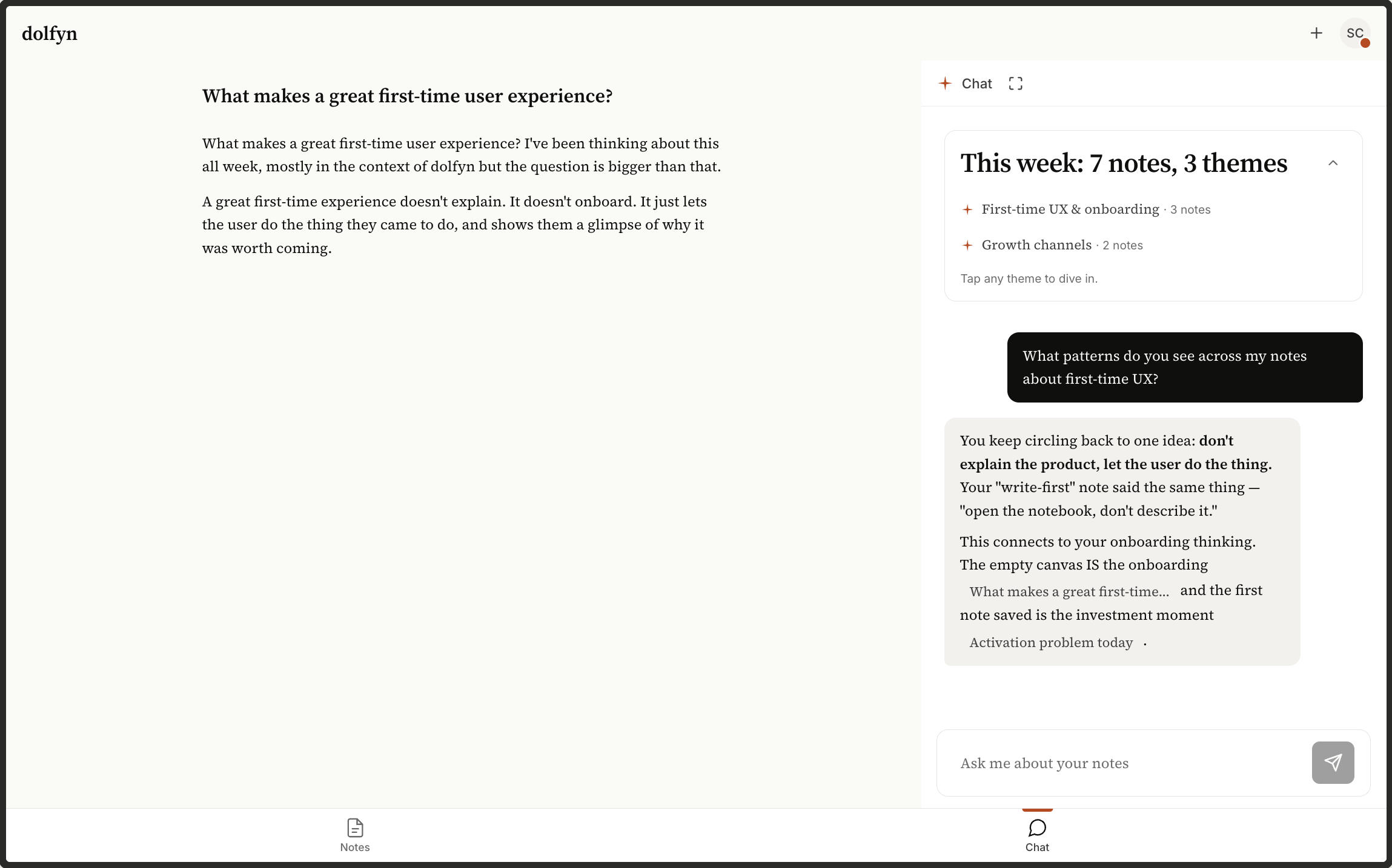 dolfyn AI chat — cross-note retrieval with citations